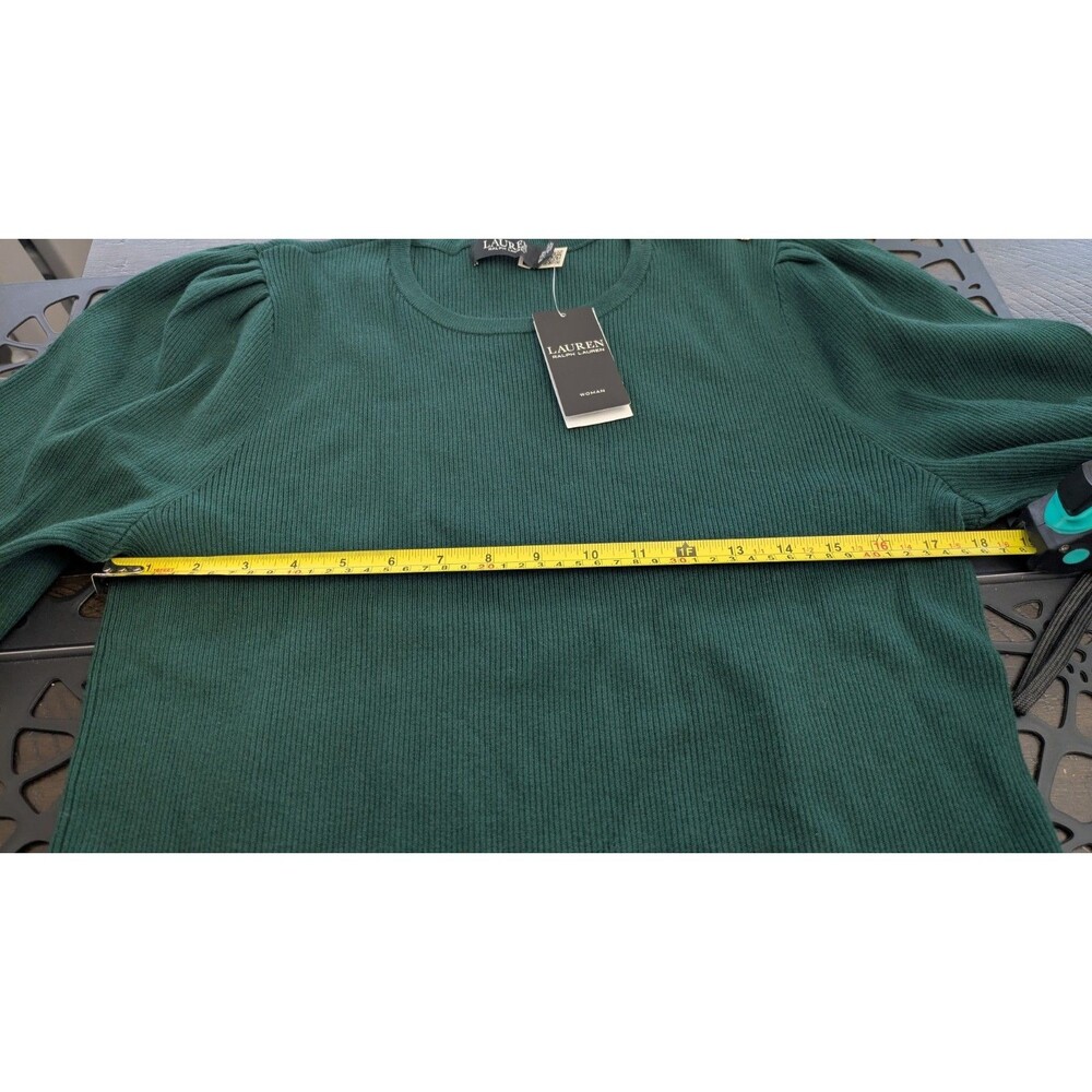 Lauren Ralph Lauren Puff Sleeve Sweater 2X Green Holiday Gold Buttons Preppy NWT - Picture 10 of 11